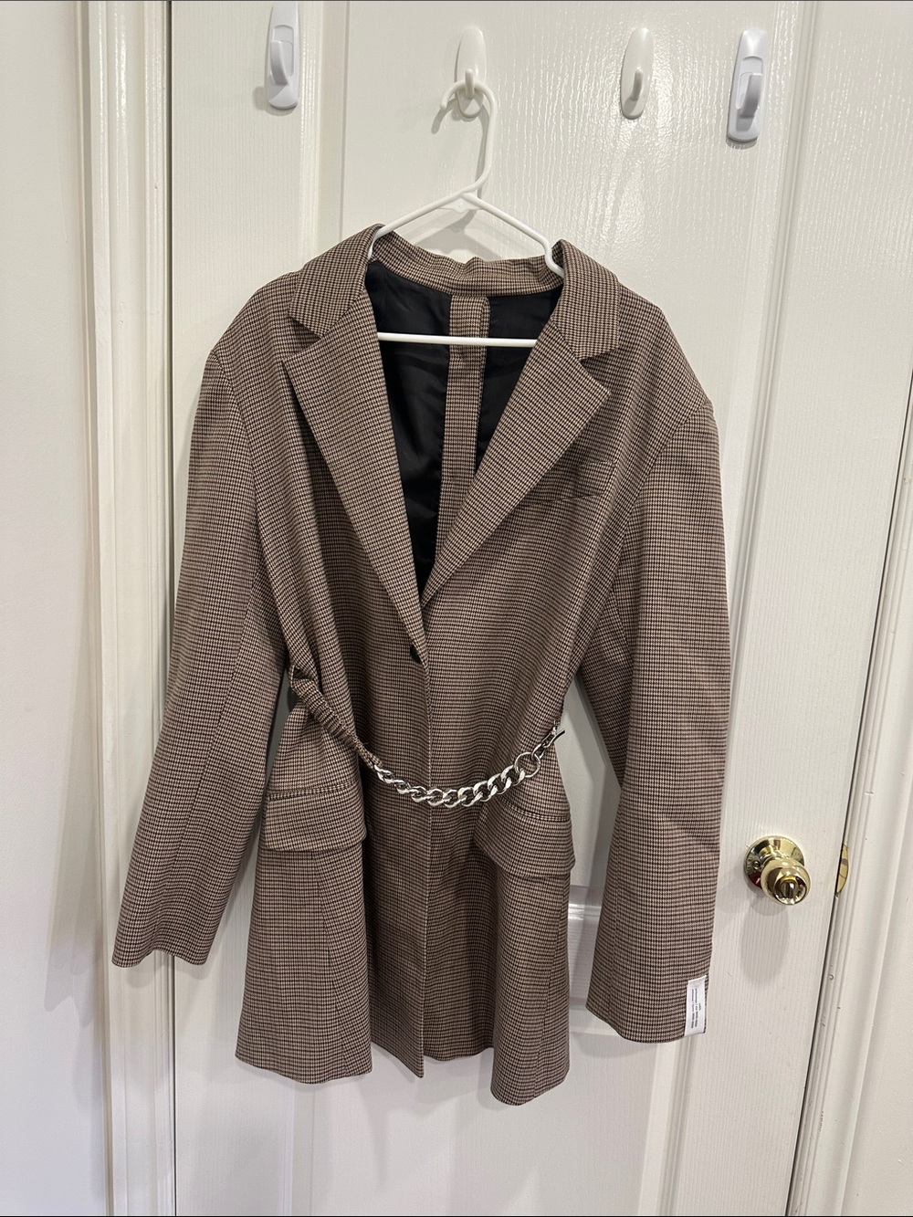 Tailored Brown Check Blazer with Detachable Chain Belt